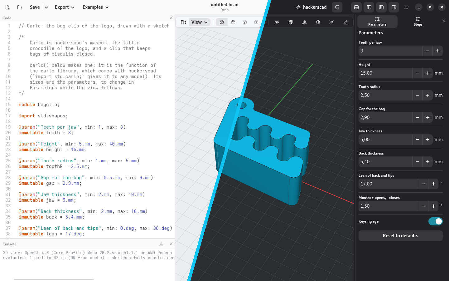 hackerscad with Carlo open, half in the light theme and half in the dark one